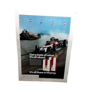 Vintage 1973 Viceroy Cigarette Print Ad Race Car Racing Scene